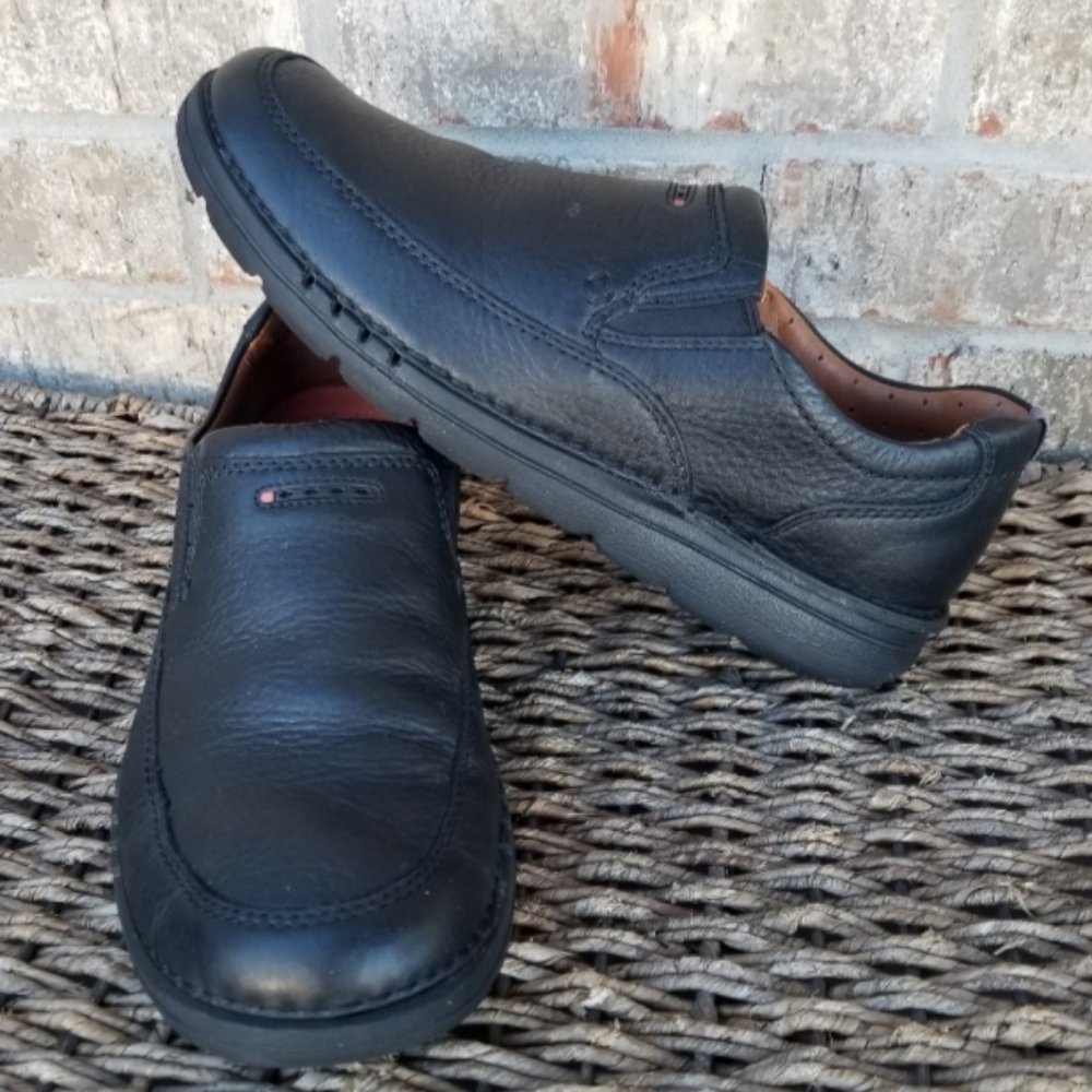 Clarks Unstructured BLACK Leather LOAFERS(Men 11) Comfort Business Casual Shoes